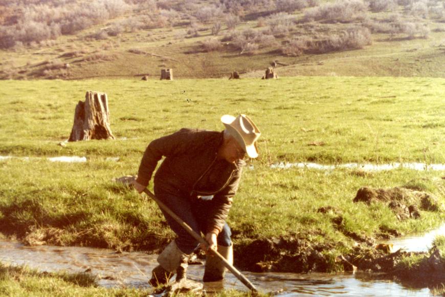 Dutch Crowley engaged in a bit of ditch maintenance, 1985.