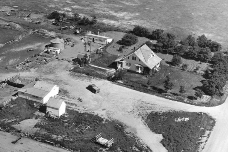 Aerial view of the Frank E. Carnes and Evelyn C. Bricker Carnes Farm in 1953.