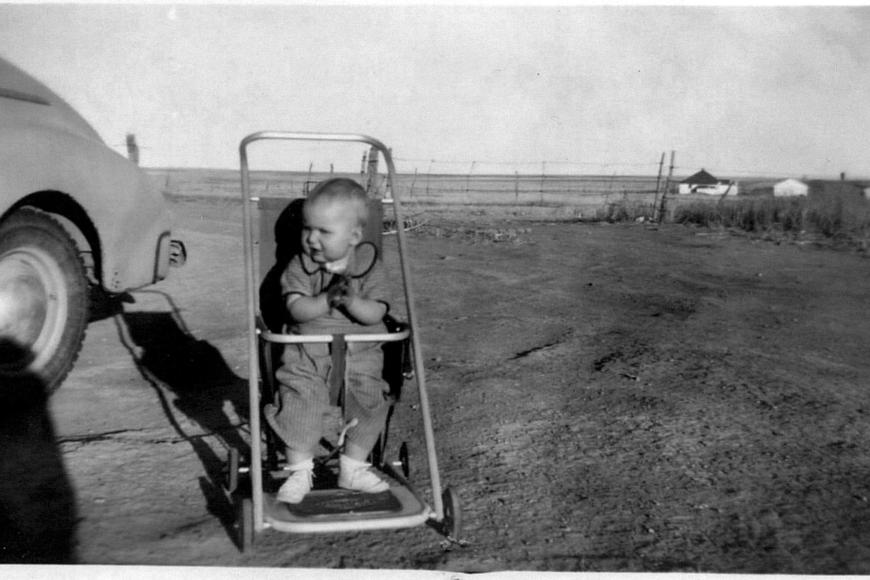 Connie Fulbright in a stroller, 1950.
