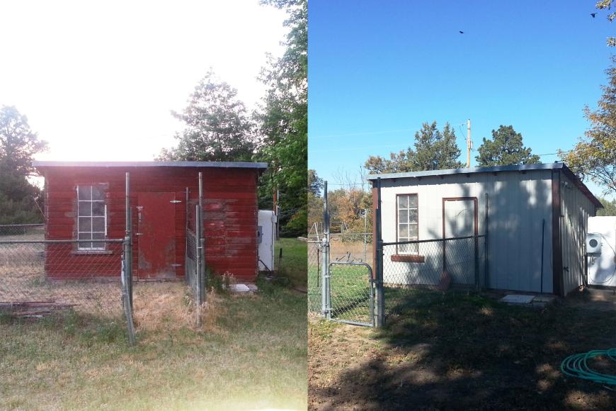 A view of the brooder house before and after recent repairs.
