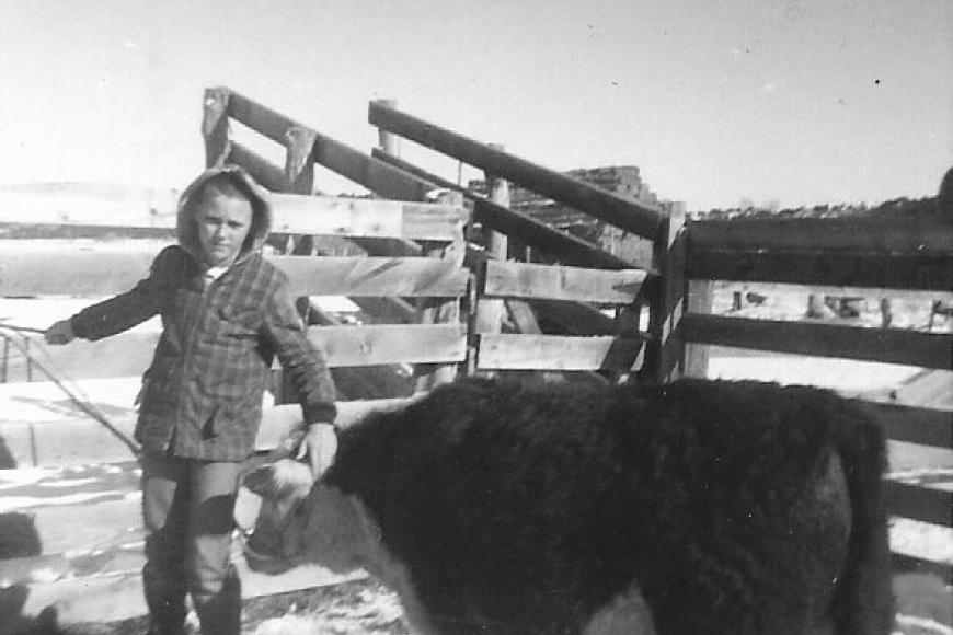 Black-and-white photo of boy in a cattle corral at Sunnyside Farms.