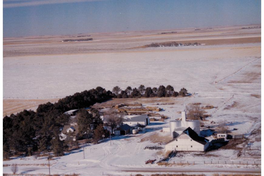 An aerial view of the Trautman-Glenn Farm in the winter during the 1990s.