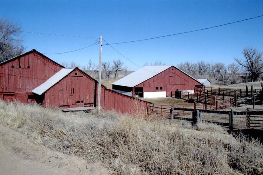 Former ice house (left foreground) and calving barn (right).