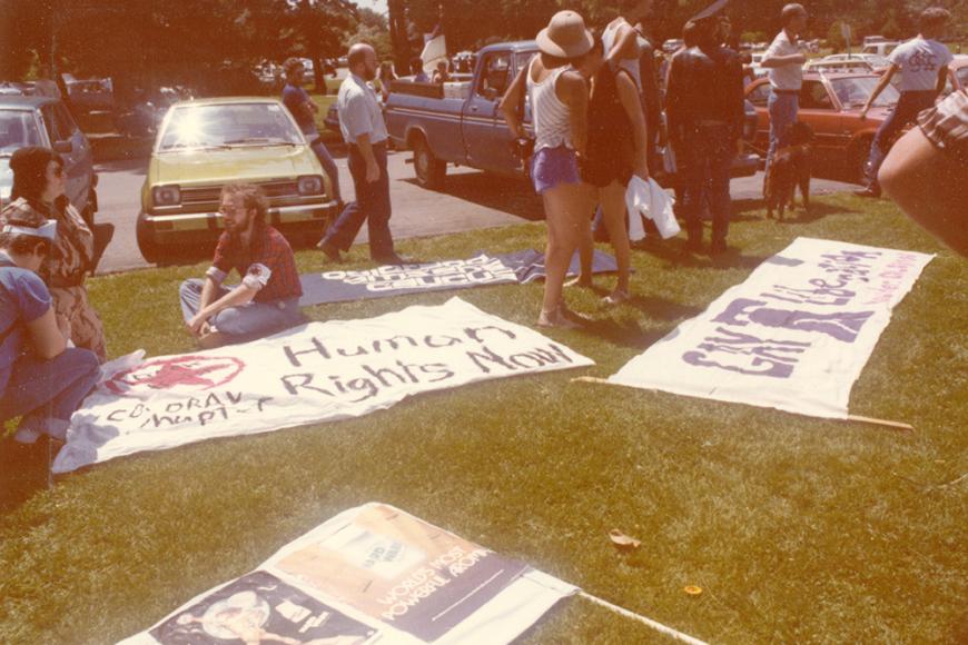 Gay and Lesbian Community Center of Colorado Collection photo of parade marchers preparing for Gay Pride Parade in 1980