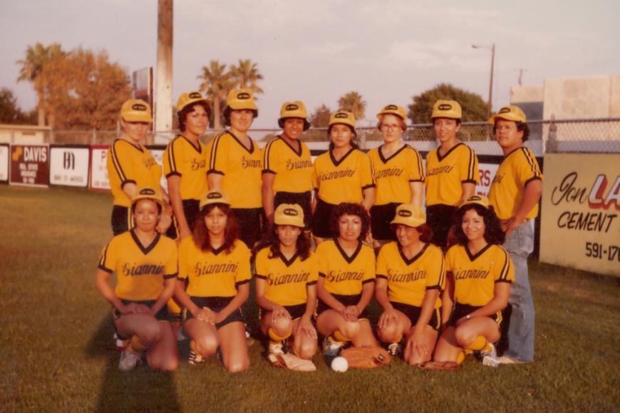 Women’s softball team at Tortilla Flat ballpark, Dinuba, California, mid-1970s.