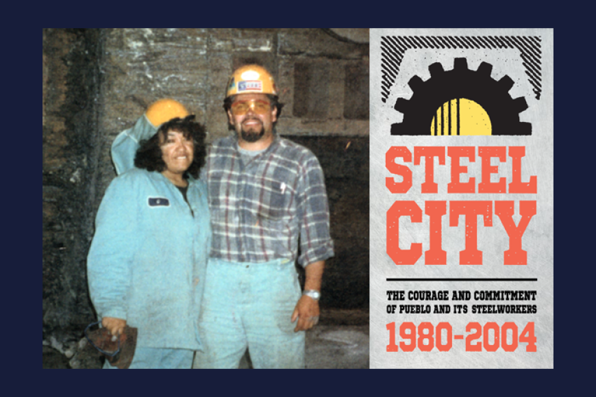 A male and female steel worker wearing coveralls and hard hats in the steel mill, 1980s.
