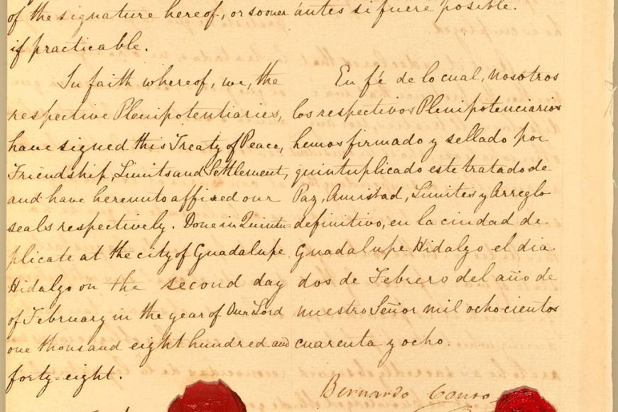 Signature page of the Treaty of Guadalupe Hidalgo. Two columns of handwritten text on yellowed parchment, English in the left column and Spanish in the right column, with wax seals next to the mark of each signatory.