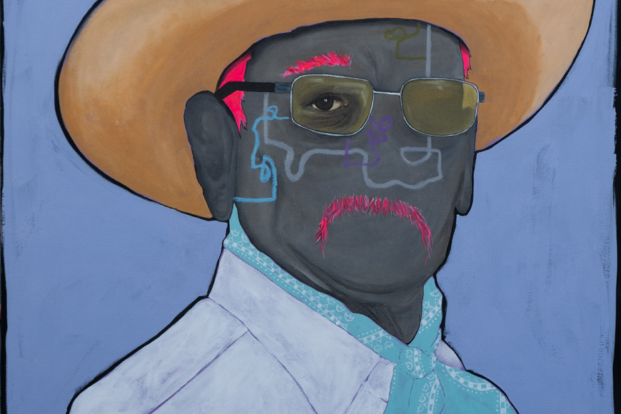 Blue toned painting of a man in a cowboy hat, button up shirt, and bandana. His face is a grey tone with only his eye and glasses being fully rendered. On his face are abstract grey and blue lines. His hair is hot pink. He looks at the viewer.