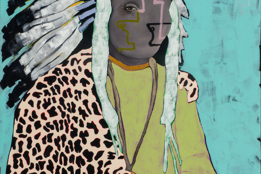 Light blue painting with a Native American figure looking at the camera. Their face is blank besides the right eye, which stares at the viewer. On their face are abstract line designs. The figure wears a white war bonnet and a pink cheetah print jacket. They have a medal on their chest.