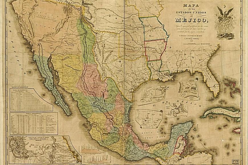 Map of Mexico showing the modern southwest United States and as far north and east as Missouri. Different colors show the states of 1840s Mexico