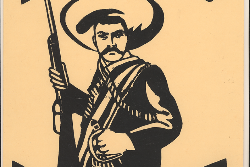 Tierra O Muerte silkscreen poster by Emanuel Martinez printed on manila folder. Features image of man holding a gun in one hand and a sword in the other. He wears a sombrero and bandolier.