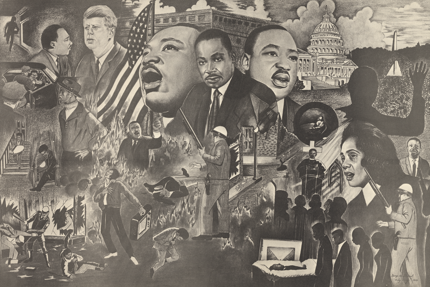 In the top-center is Martin Luther King Jr., to the top-right is a depiction of his 1963 “I Have a Dream” speech, and to the top-left Martin Luther King Jr. is seen talking to John F. Kennedy. To the bottom-right is Martin Luther King Jr. 's funeral service after his assassination, and in the bottom-left the violence perpetuated by the police towards protesters and African-Americans is displayed.