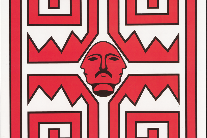 Print of a red Mestizo Head outlined in black surrounded by four red geometric designs outlined in black that are inspired by Prehispanic motifs. The image is framed by a red border.