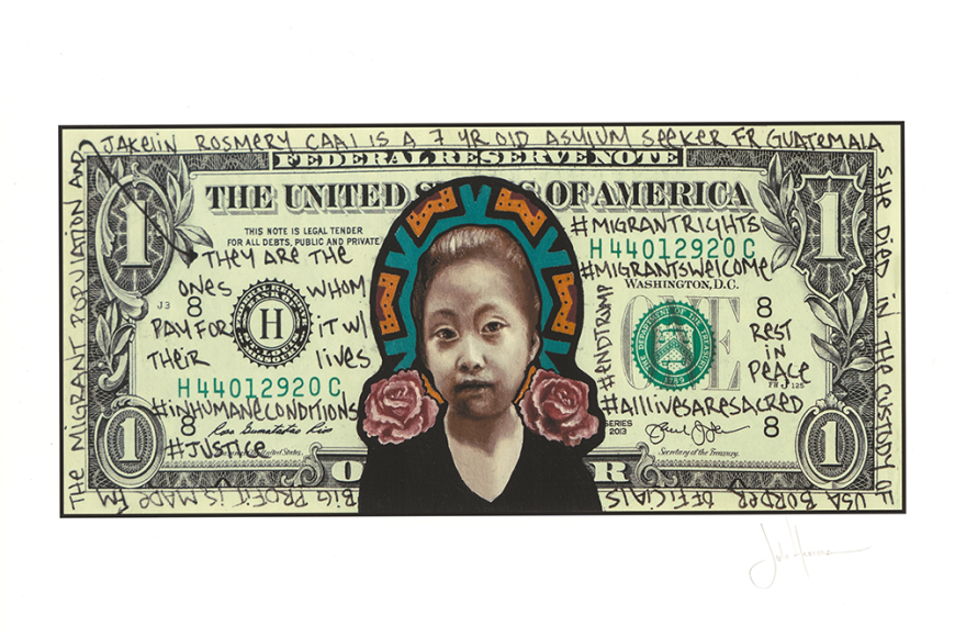 The signed print by the artist depicts a United States dollar bill with a black and white image of a woman in the center of the dollar bill. The woman is front facing wearing a black shirt with face visible. Around the woman's shoulders and head are two pink roses and banner of teal, orange, black, and purple coloring. Text is written in black ink around the inside border of the dollar bill and on the face of the dollar bill. The dollar bill has a bold black border and is the traditional light green.