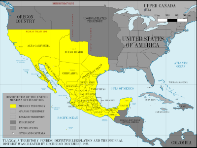 A map of the borders between the United States and Mexico, before the Mexican-American War.