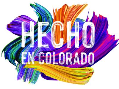 Image of the Hecho en Colorado exhibition logo. The title of the exhibition is in white lettering which looks painted with a brush, and behind the text are what look like paint brush strokes in bright blues, pinks and purples, and yellows.