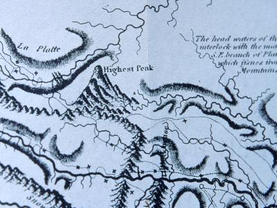 Image is detail of Zebulon Pike's map of the internal part of Louisiana. It shows the "Highest Peak," now known as Pikes Peak, as well as topographical details of the area directly surrounding the area. Also illustrated in close proximity is the Platte River.