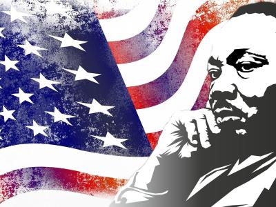 Illustration of a middle-aged African American man, wearing a suit and resting his chin in his right hand. He is looking into the distance thoughtfully. In the background is an image of an American flag, waving. 