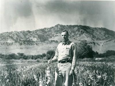 A man stands among tall flowers in a field. Behind him is a low mountain covered in scrub and pine trees.