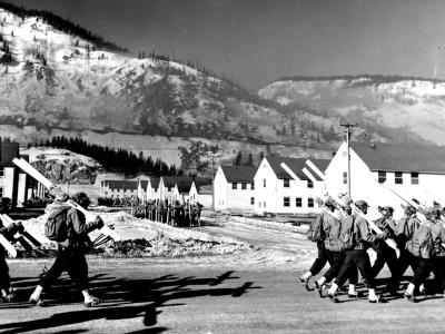 A troupe of mountain troops marching through Camp Hale.