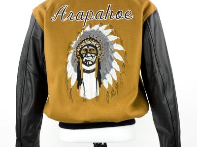 A sports jacket depicting a caricature of a Native American man and the team name "Apache."