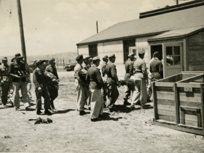 German POWs entering a building at the camp in Trinidad