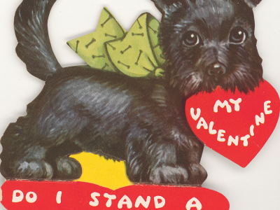 A valentine card depicting a terrier puppy. It reads: "My valentine. Do I stand a chance?"