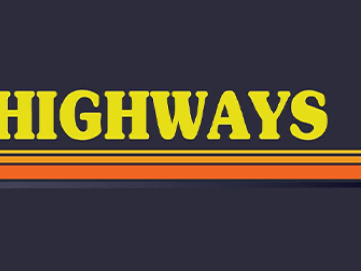 Lost Highways logo with orange line in the middle, yellow lettering, and deep blue and purple background