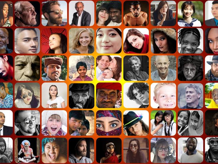 Photo of a montage of photos of human faces of all races and ages.