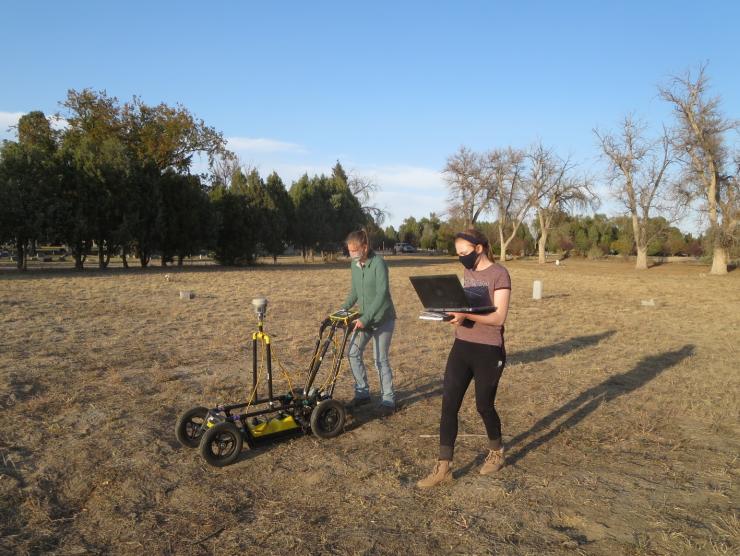Colorado School of Mines students conduct the ground-penetrating radar survey at Roselawn Cemetery.