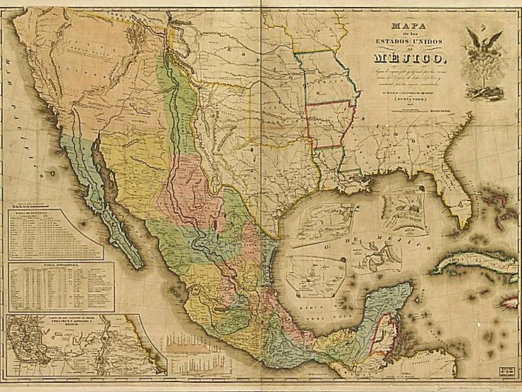 Map of Mexico showing the modern southwest United States and as far north and east as Missouri. Different colors show the states of 1840s Mexico