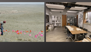 Photo on the left shows an archaeologist in the field surveying the land with flags. The photo on the right is an interior view of the archaeology lab at the History Colorado Center. 