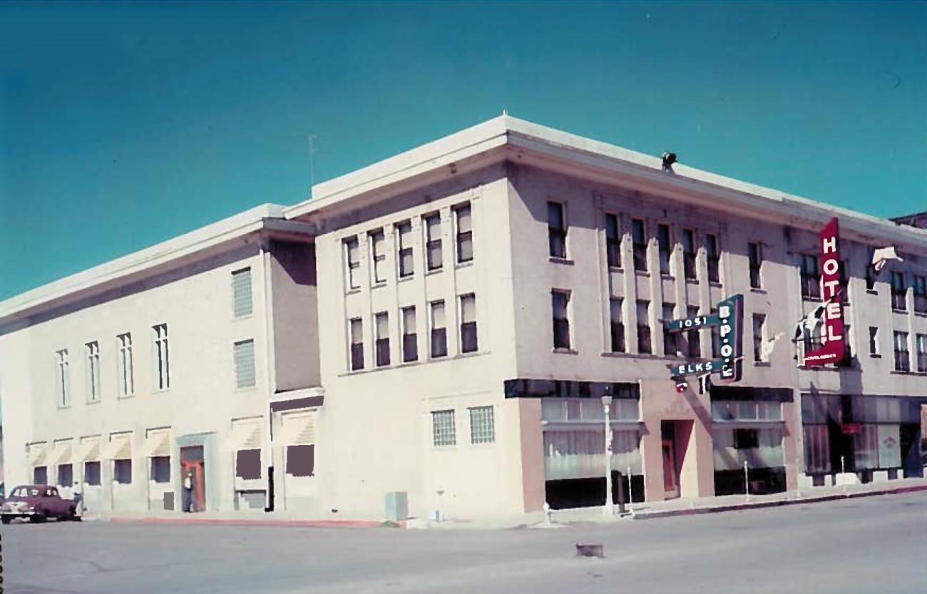 Street corner view of the Loveland Lodge #1051 of the Benevolent and Protective Order of the Elks circa 1950-1960.