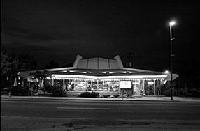 Black and white photo of a Googie style building.