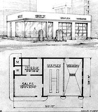 Black and white drawing of an oblong box gas station with floor plan.