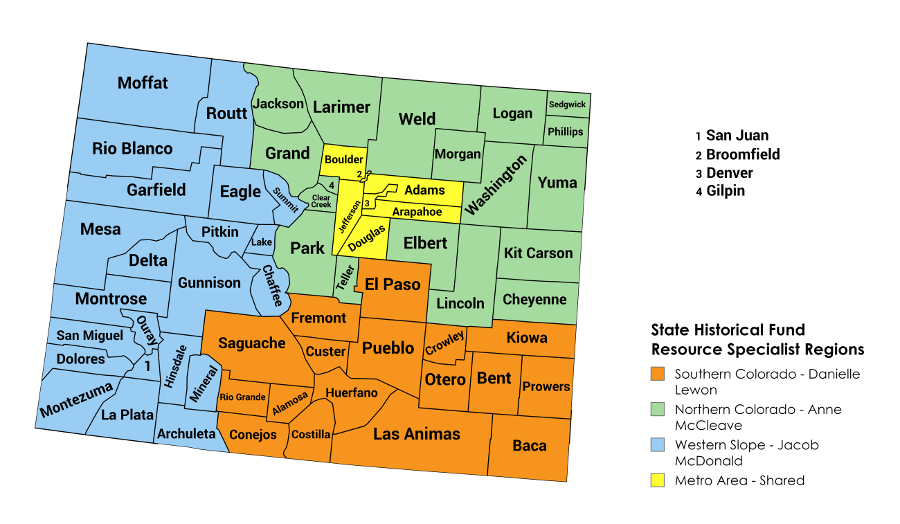 This is a map of region assignments for State Historical Fund Resource Specialists.