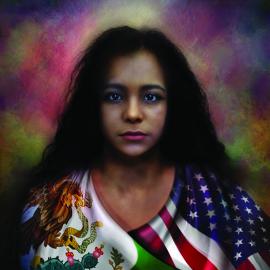 Image of a painting by artist Quintin Gonzalez. Portrayed here is a young Latina girl with long wavy black hair which falls below her shoulders. She looks directly at the viewer with an intense gaze. Around her shoulders are wrapped two flags: over her left shoulder are the stars and stripes of the American flag, and over her right shoulder the eagle, serpent, and cactus as well as the green of the Mexican flag are visible.  The background is a melange of red, pink, yellow, orange, and green.