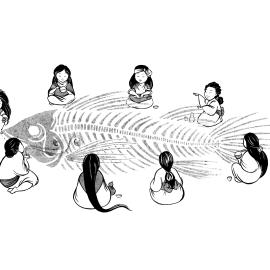 An etching or illustration of several generations of Asian women, seated around a stylized fish skeleton as large as a table. Each wears different traditional garb and holds a different food implement (bowls, jars, etc.)