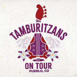 Tamburitzans on tour. The words are overlaid on a simple illustration showing a baltic guitar (tamburitza) surrounded by mountains and flowers.