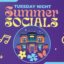 Tuesday Night Summer Socials in a pink and yellow funky font on a purple background. There are musical notes and flowers adorning a purple colored illustration of the museum.