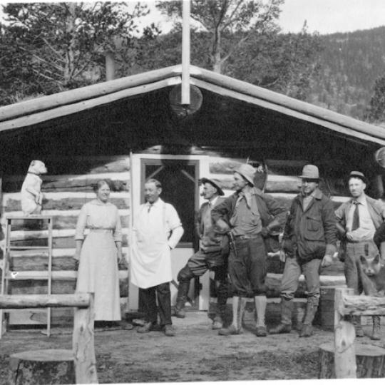 Photo of Group outside Squeaky Bob's cabin